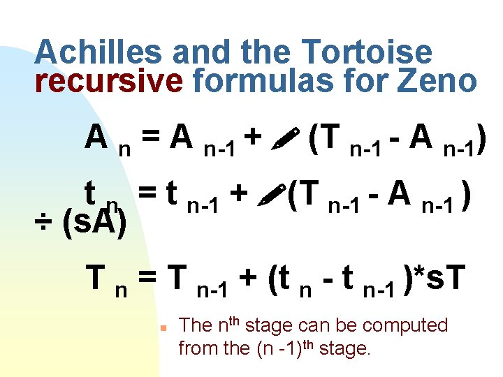 Achilles and the Tortoise recursive formulas for Zeno A n = A n-1 +
