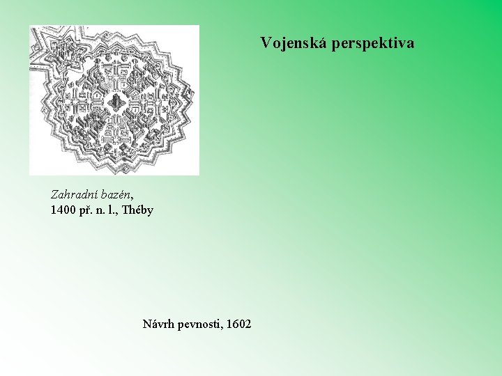 Vojenská perspektiva Zahradní bazén, 1400 př. n. l. , Théby Návrh pevnosti, 1602 