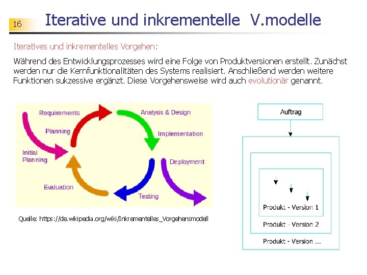 16 Iterative und inkrementelle V. modelle Iteratives und inkrementelles Vorgehen: Während des Entwicklungsprozesses wird