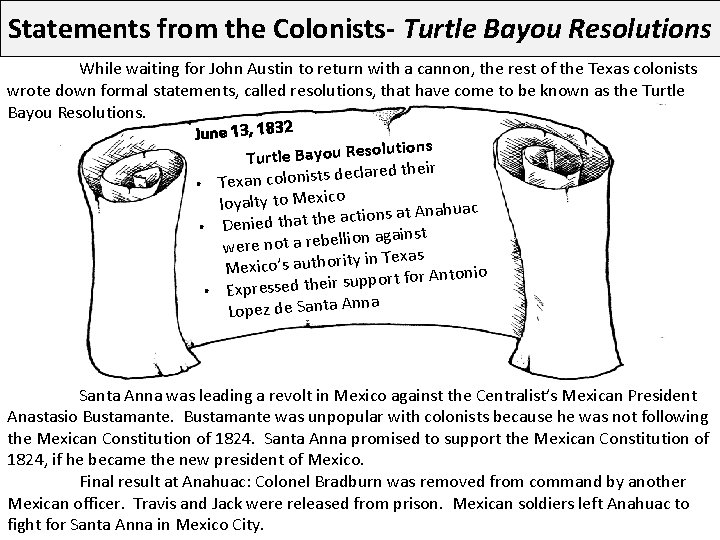 Statements from the Colonists- Turtle Bayou Resolutions While waiting for John Austin to return