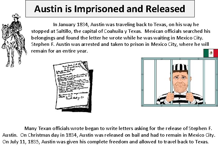 Austin is Imprisoned and Released In January 1834, Austin was traveling back to Texas,
