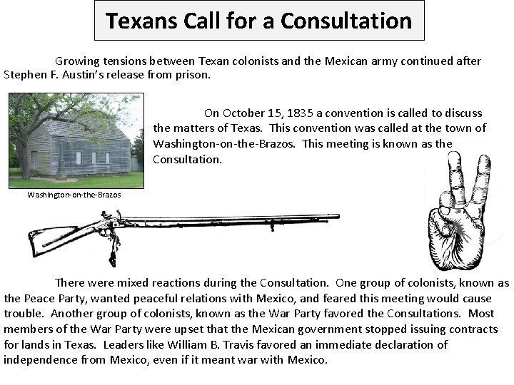 Texans Call for a Consultation Growing tensions between Texan colonists and the Mexican army