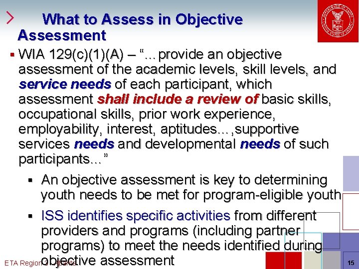 What to Assess in Objective Assessment § WIA 129(c)(1)(A) – “…provide an objective assessment