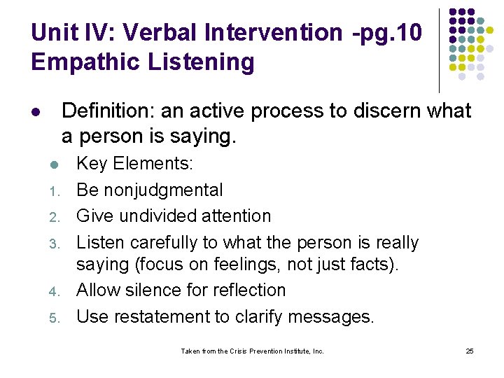 Unit IV: Verbal Intervention -pg. 10 Empathic Listening Definition: an active process to discern