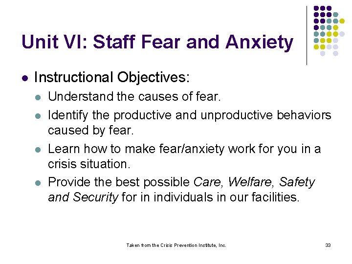 Unit VI: Staff Fear and Anxiety l Instructional Objectives: l l Understand the causes