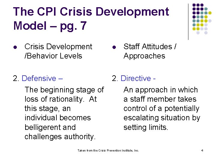 The CPI Crisis Development Model – pg. 7 l Crisis Development /Behavior Levels 2.