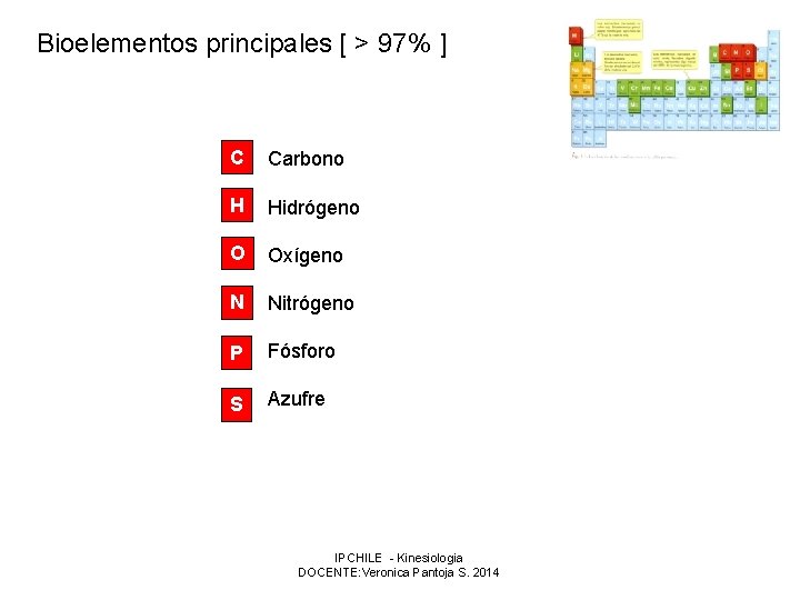 Bioelementos principales [ > 97% ] C Carbono H Hidrógeno O Oxígeno N Nitrógeno