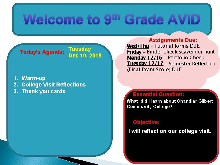 Welcome to th 9 Grade AVID Assignments Due: Tuesday Today’s Agenda: Dec 10, 2019