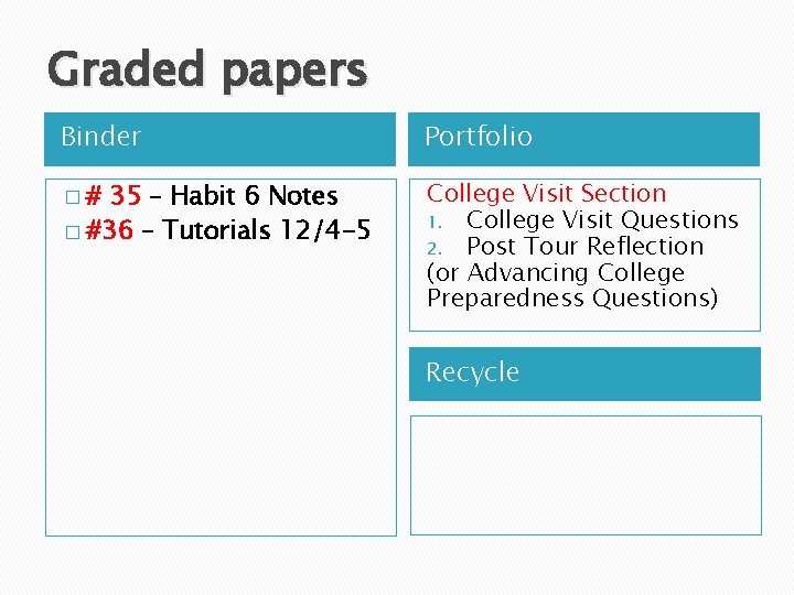 Graded papers Binder Portfolio �# College Visit Section 1. College Visit Questions 2. Post