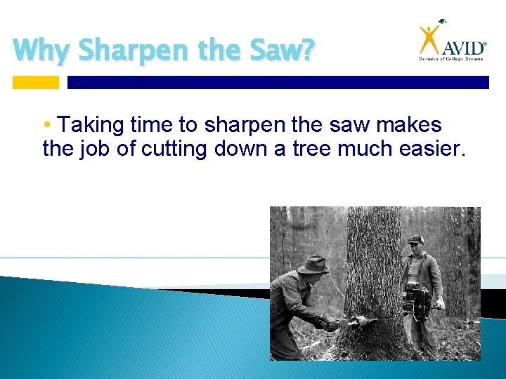 Why Sharpen the Saw? • Taking time to sharpen the saw makes the job