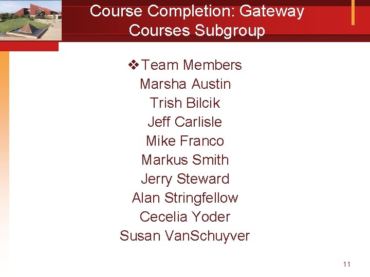 Course Completion: Gateway Courses Subgroup v Team Members Marsha Austin Trish Bilcik Jeff Carlisle