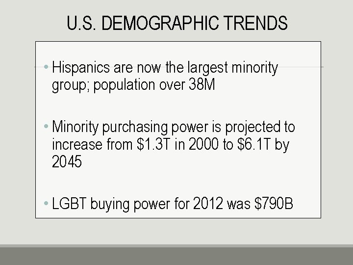 U. S. DEMOGRAPHIC TRENDS • Hispanics are now the largest minority group; population over