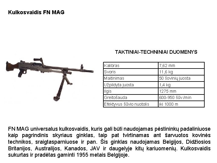 Kulkosvaidis FN MAG TAKTINIAI-TECHNINIAI DUOMENYS Kalibras 7, 62 mm Svoris 11, 6 kg Maitinimas Kulkosvaidis FN MAG TAKTINIAI-TECHNINIAI DUOMENYS Kalibras 7, 62 mm Svoris 11, 6 kg Maitinimas