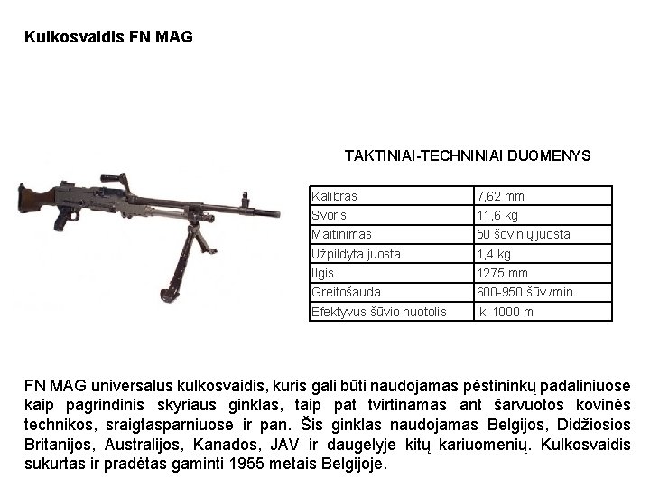 Kulkosvaidis FN MAG TAKTINIAI-TECHNINIAI DUOMENYS Kalibras 7, 62 mm Svoris 11, 6 kg Maitinimas