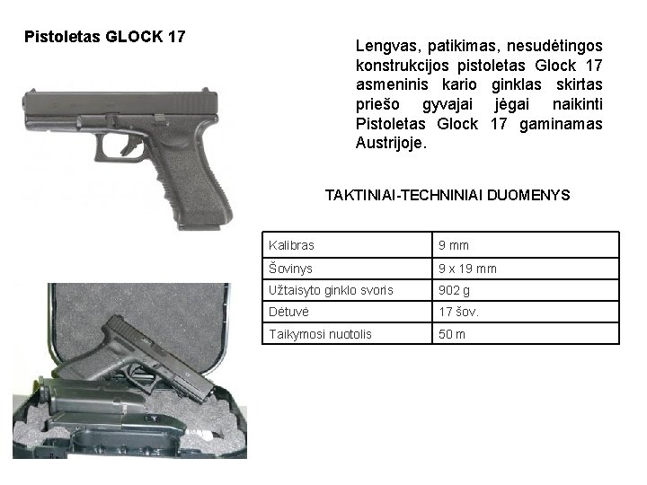 Pistoletas GLOCK 17 Lengvas, patikimas, nesudėtingos konstrukcijos pistoletas Glock 17 asmeninis kario ginklas skirtas