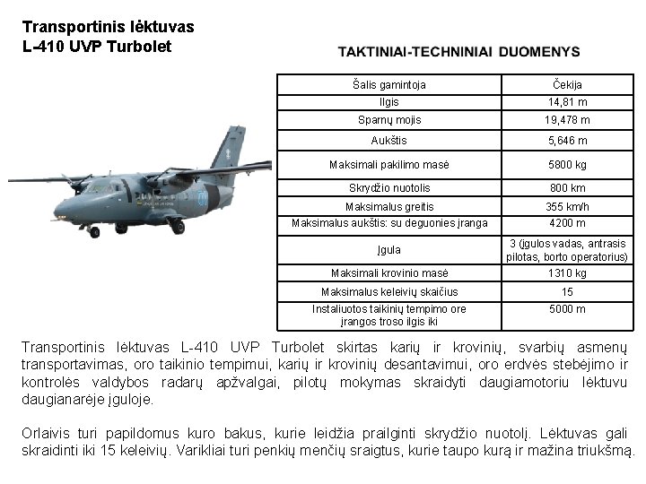 Transportinis lėktuvas L-410 UVP Turbolet Šalis gamintoja Čekija Ilgis 14, 81 m Sparnų mojis