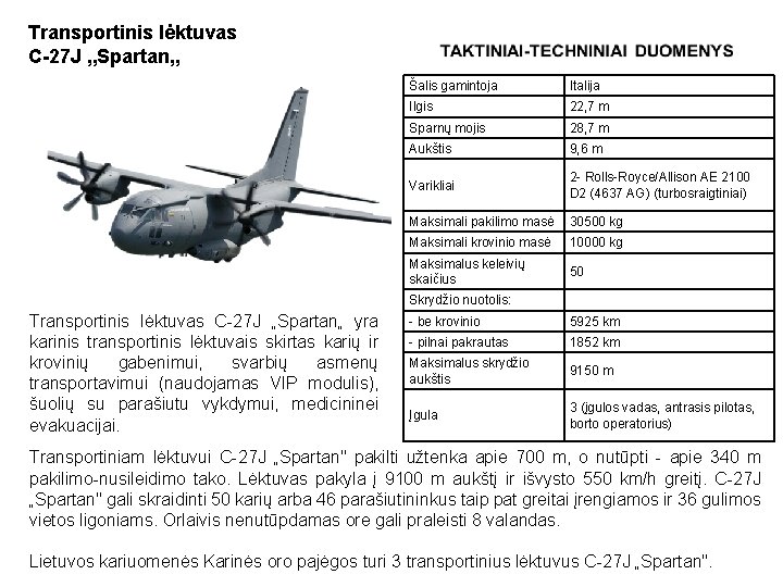 Transportinis lėktuvas C-27 J „Spartan„ Šalis gamintoja Italija Ilgis 22, 7 m Sparnų mojis Transportinis lėktuvas C-27 J „Spartan„ Šalis gamintoja Italija Ilgis 22, 7 m Sparnų mojis