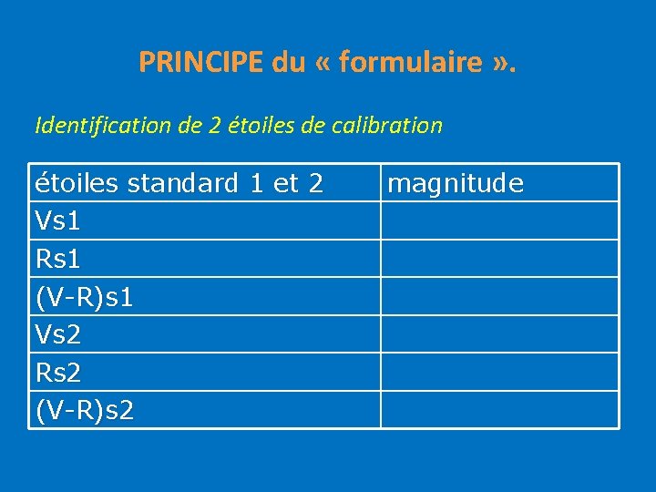 PRINCIPE du « formulaire » . Identification de 2 étoiles de calibration étoiles standard