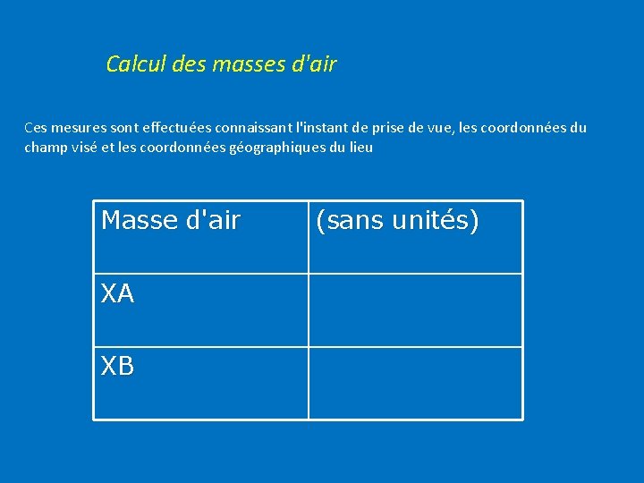 Calcul des masses d'air Ces mesures sont effectuées connaissant l'instant de prise de vue,