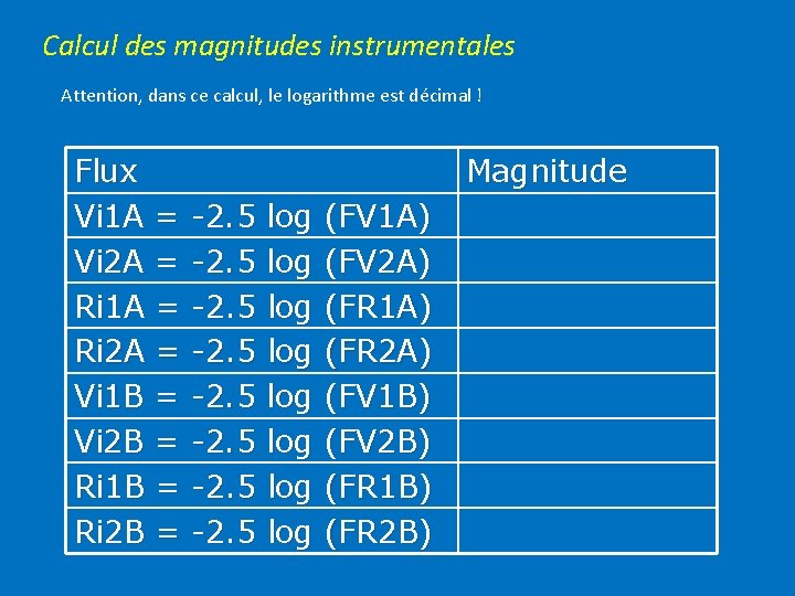 Calcul des magnitudes instrumentales Attention, dans ce calcul, le logarithme est décimal ! Flux