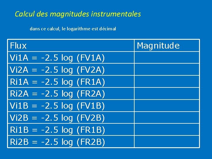 Calcul des magnitudes instrumentales dans ce calcul, le logarithme est décimal Flux Vi 1