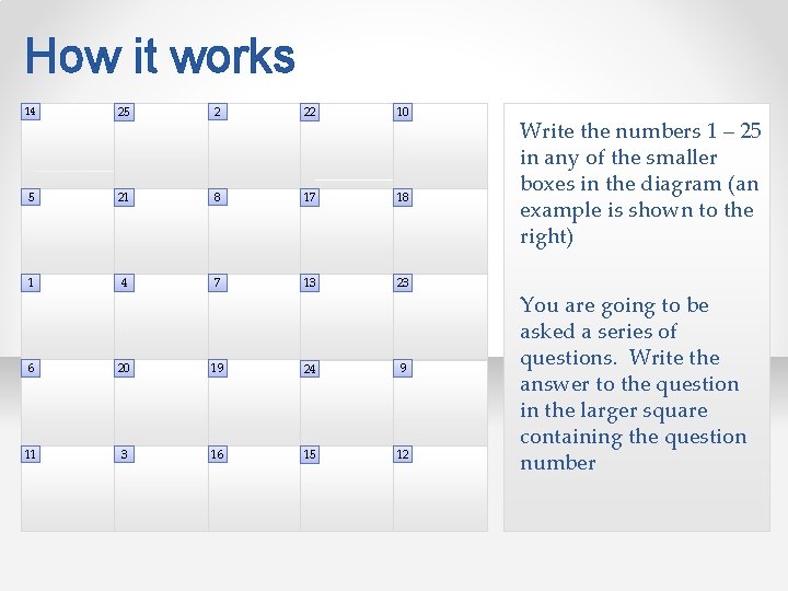 How it works 14 25 2 22 10 5 21 8 17 18 1