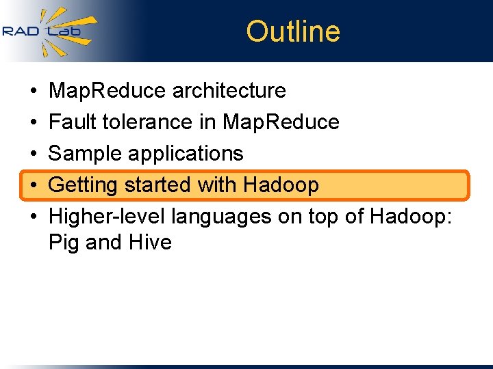 Outline • • • Map. Reduce architecture Fault tolerance in Map. Reduce Sample applications