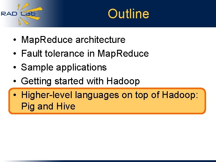 Outline • • • Map. Reduce architecture Fault tolerance in Map. Reduce Sample applications