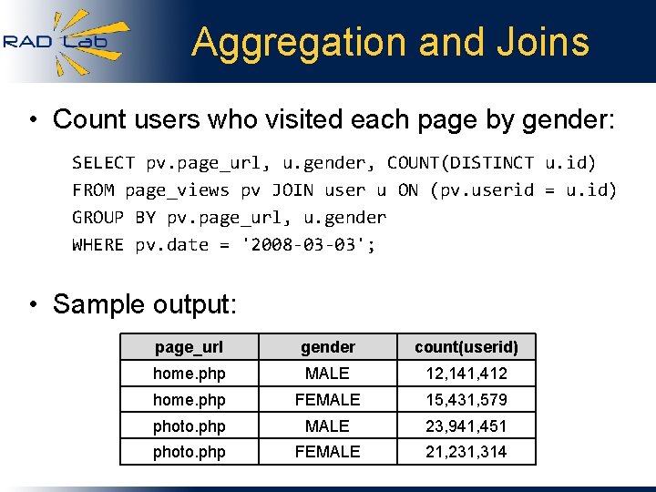 Aggregation and Joins • Count users who visited each page by gender: SELECT pv.
