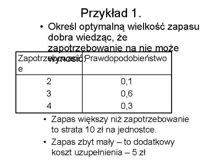 Przykład 1. • Określ optymalną wielkość zapasu dobra wiedząc, że zapotrzebowanie na nie może