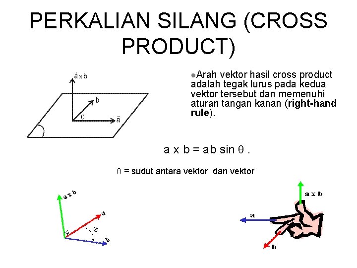 PERKALIAN SILANG (CROSS PRODUCT) l. Arah vektor hasil cross product adalah tegak lurus pada