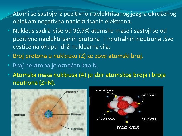  • Atomi se sastoje iz pozitivno naelektrisanog jezgra okruženog oblakom negativno naelektrisanih elektrona.