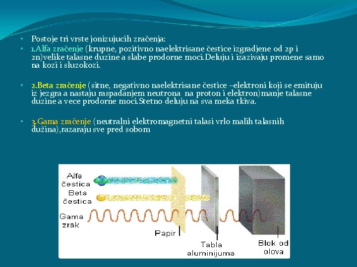  • Postoje tri vrste jonizujucih zračenja: • 1. Alfa zračenje (krupne, pozitivno naelektrisane