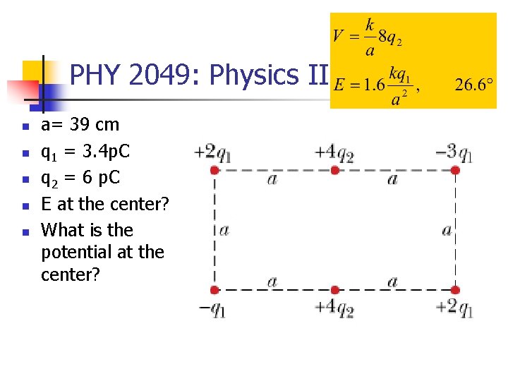 PHY 2049: Physics II n n n a= 39 cm q 1 = 3.