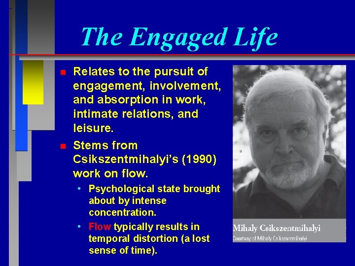 The Engaged Life n n Relates to the pursuit of engagement, involvement, and absorption