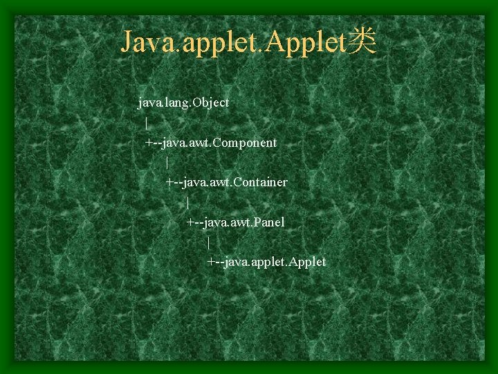 Java. applet. Applet类 java. lang. Object | +--java. awt. Component | +--java. awt. Container