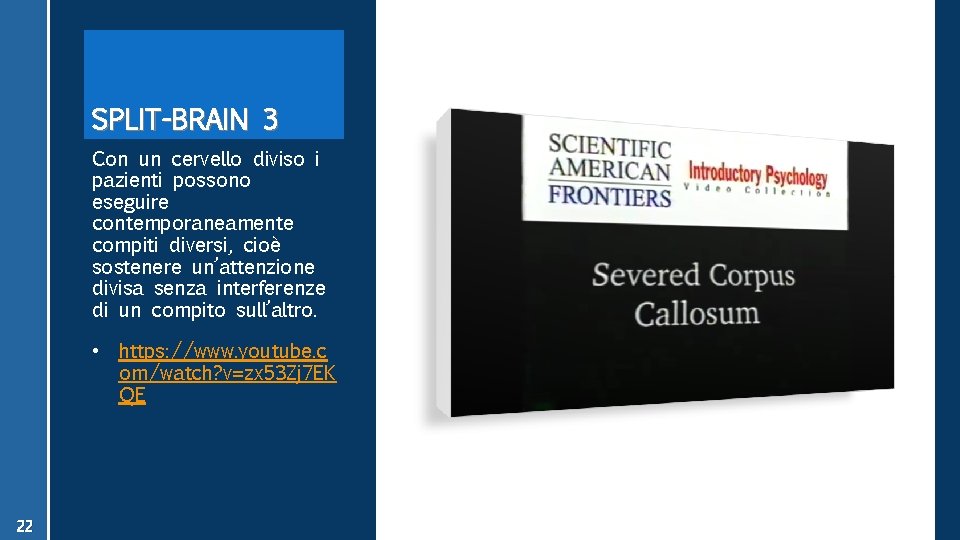 SPLIT-BRAIN 3 Con un cervello diviso i pazienti possono eseguire contemporaneamente compiti diversi, cioè