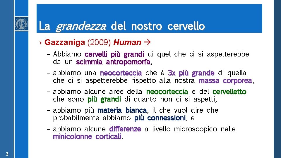 La grandezza del nostro cervello › Gazzaniga (2009) Human – Abbiamo cervelli più grandi