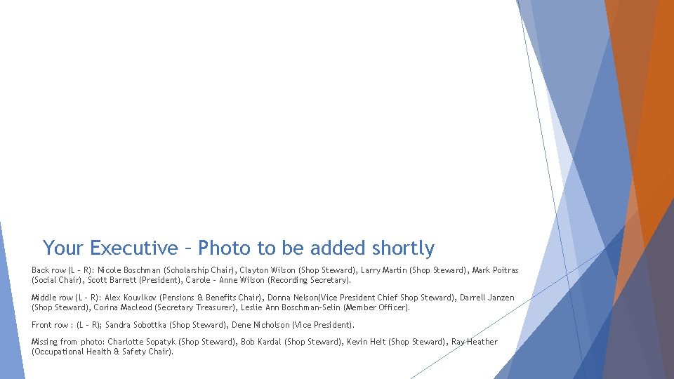 Your Executive – Photo to be added shortly Back row (L - R): Nicole
