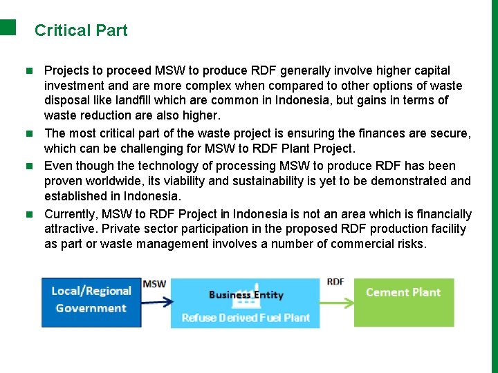 Critical Part n Projects to proceed MSW to produce RDF generally involve higher capital