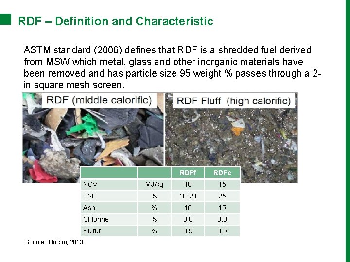 RDF – Definition and Characteristic ASTM standard (2006) defines that RDF is a shredded