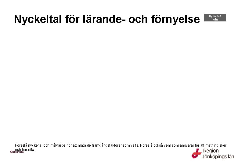 Nyckeltal för lärande- och förnyelse Nyckeltal/ mått Föreslå nyckeltal och målvärde för att mäta