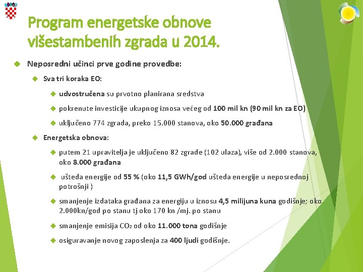 Program energetske obnove višestambenih zgrada u 2014. Neposredni učinci prve godine provedbe: Sva tri