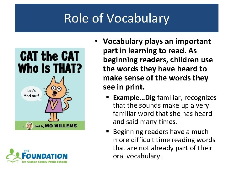 Roleof of. Vocabulary Role • Vocabulary plays an important part in learning to read.