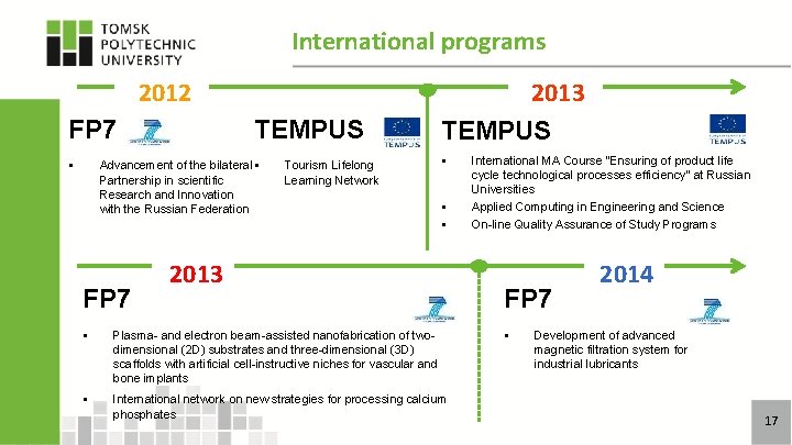 International programs 2012 TEMPUS FP 7 Advancement of the bilateral § Partnership in scientific