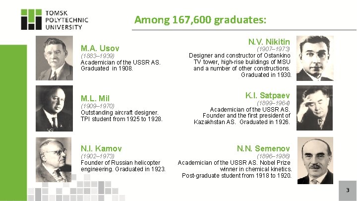 Among 167, 600 graduates: М. А. Usov (1883– 1939) Academician of the USSR AS.