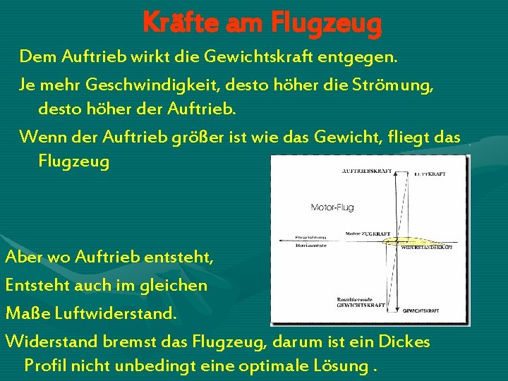 Kräfte am Flugzeug Dem Auftrieb wirkt die Gewichtskraft entgegen. Je mehr Geschwindigkeit, desto höher