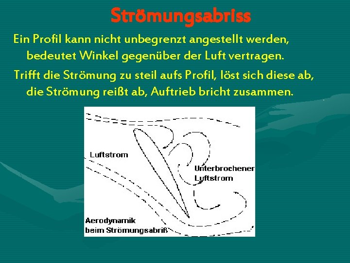 Strömungsabriss Ein Profil kann nicht unbegrenzt angestellt werden, bedeutet Winkel gegenüber der Luft vertragen.