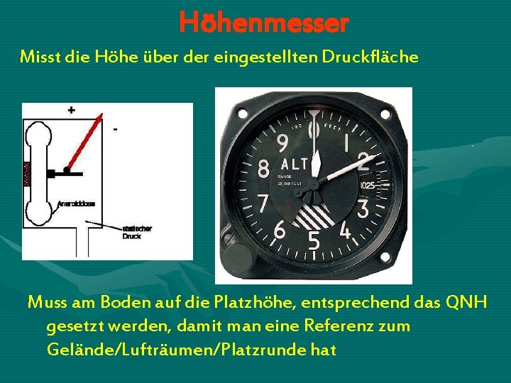 Höhenmesser Misst die Höhe über der eingestellten Druckfläche Muss am Boden auf die Platzhöhe,