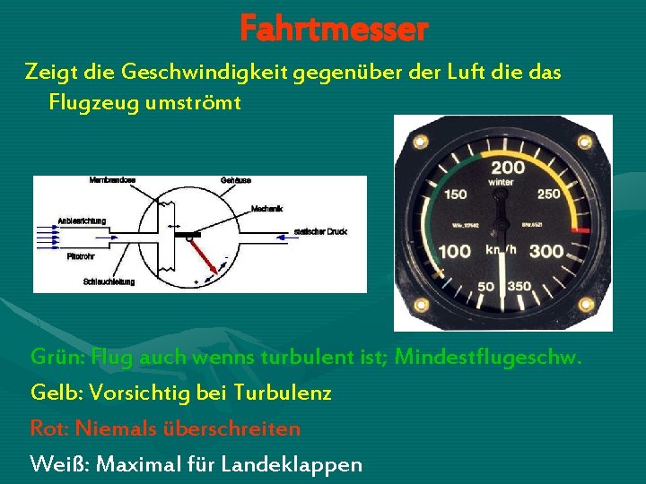 Fahrtmesser Zeigt die Geschwindigkeit gegenüber der Luft die das Flugzeug umströmt Grün: Flug auch